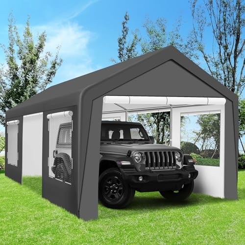 Carport 12x20 FT Heavy Duty Carport Canopy, Portable Garage with 4 Windows & Side-Opening Door, for Pickup, Boats, Car and Truck (12x20 FT Grey) by 10x10FTHardtopWoodGazebo