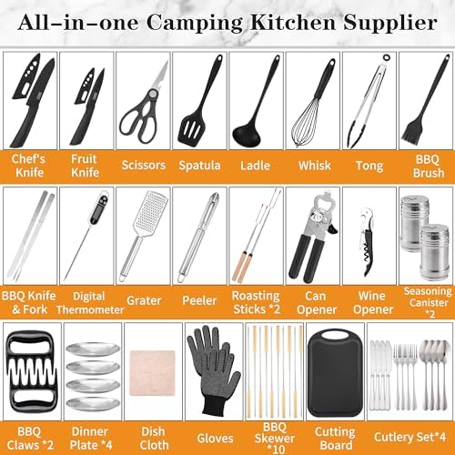 Camping Essentials Cookware Cooking Utensils Set - Portable Camp Kitchen Mess Kit Outdoor Accessories, Stainless Steel & Silicone, Camping Gear Equipment for RV Picnic Grill,Brown Pro - Image 6