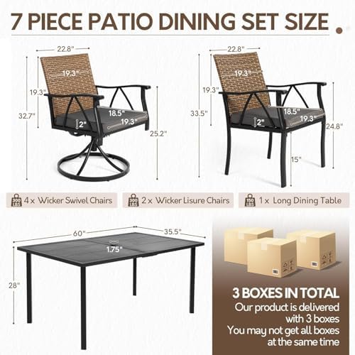 7-Piece Patio Dining Set for 6, Outdoor Dining Set with Wicker Swivel Patio Dining Chairs with Cushions & Black Rectangular Woodgrain Dining Table with 1.75”Umbrella Hole, Black & Brown - Image 2