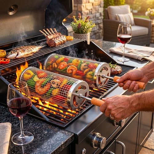 Rolling Grill Basket 2-Pack, 304 Stainless Steel Grilling Basket with Removable Wooden Handle, Nesting BBQ Baskets for Outdoor Grill, Vegetables Shrimp & Meat, Smoker Camping Accessories, BBQ Gifts for Men Dad - Image 2