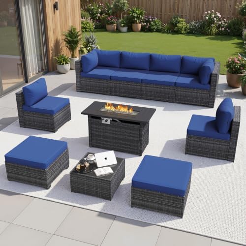 Aoxun 10 Piece Outdoor Patio Furniture Set with 44'' Fire Pit Table, Outdoor Patio Furniture Sets with Coffee Table, Wicker Rattan Outdoor Conversation Set with Ottoman for Backyard, Navy Blue by Aoxun