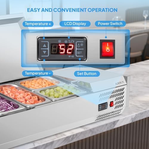 ROVSUN 48" Refrigerated Condiment Prep Station Sandwich Prep Table ETL NSF, 25.1QT Salad Bar Prep Rail w/Auto Defrost Temp Control Stainless Steel Cover 3 1/3 Pan & 2 1/4 Pan for Restaurant Food Truck - Image 6