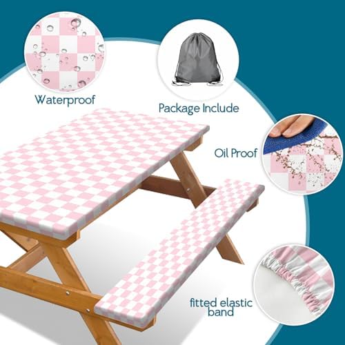 Picnic Table Cover with Bench Covers and Bag, Pink and White Checkered Gingham Buffalo Plaid Camping Tablecloth Cover Waterproof Windproof Elastic Edges Fitted Tablecloths for Outdoor 3PCS 30x60 Inch - Image 6