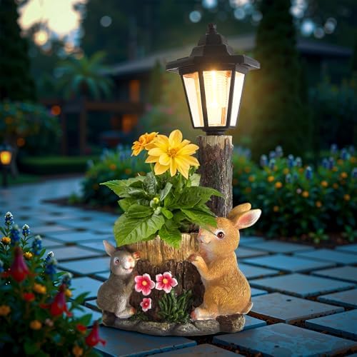 Solar Bunny Statue Outdoor, Rabbits Figurine with Flowerpot & Lantern by YEPOTUE