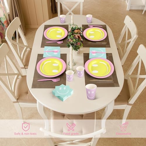 Kochorie 144 Pcs Preppy Smile Party Tableware Supplies, Disposable Paper Plates Napkins Cups Forks Set, Serves 24 Guests for Smile Face Theme Baby Shower Birthday Party Decorations - Image 5