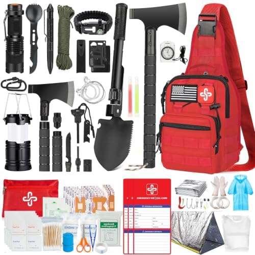 Survival Kit, 262Pcs Survival Gear and Supplies with First Aid Kit Pouch and Crossbody Bag, Emergency Kit with Tent, Camping Axe Hammer, Survival Shovel w/Pick, Bug Out Bag Gifts for Men Women by RIKOJUXI