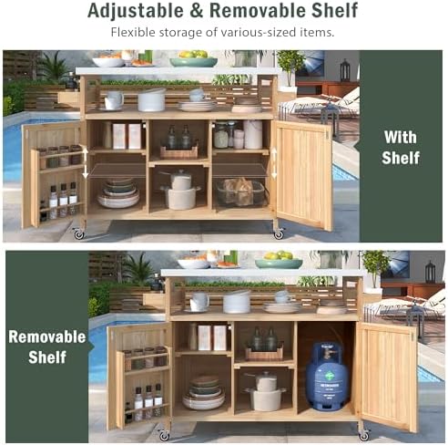 Outdoor Kitchen Island, Rolling Bar Cart & Storage Cabinet, Farmhouse Solid Wood Outdoor Grill Table with Stainless Steel Top, Spice Rack, Towel Rack for Kitchen & Barbecue, Natural - Image 6