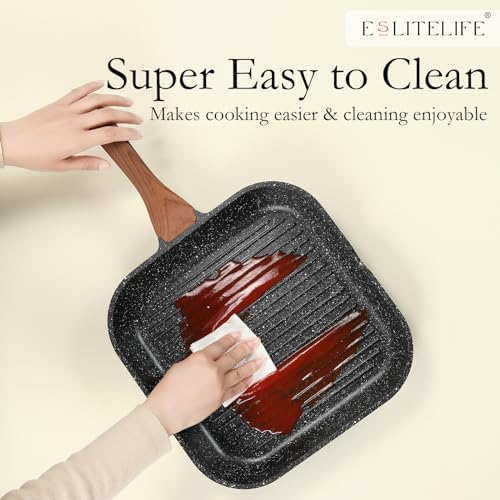 ESLITE LIFE Nonstick Grill Pan for Stove Tops, Versatile Griddle with Pour Spouts, 9.5 Inch Square Big Grilling Skillet Steak Pan for Indoor & Outdoor Cooking, PTFE & PFOA Free, Black - Image 6