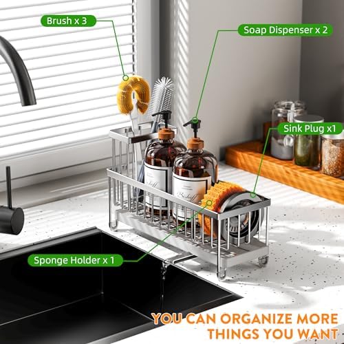Cisily Sponge Holder for Kitchen Sink, Sink Caddy Organizer with High Brush Holder, Kitchen Countertop Organizers and Storage Essentials, Rustproof 304 Stainless Steel (Large Silver, 10.62″) - Image 6
