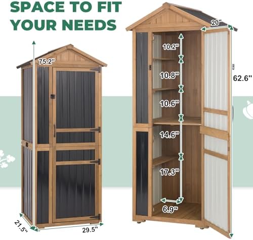 Large Outdoor Storage Cabinet with 4 Shelves, Wood Outdoor Storage Shed with Weatherproof Roof, Lockable Doors, Tall Outdoor Patio Cabinets for Garden Tool and Accessories, Brown - Image 4