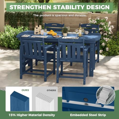 HDPE Outdoor Dining Set, Patio Table and 4 Chairs, 2" Umbrella Hole, Navy - Image 4