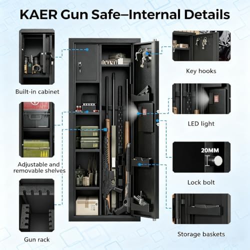 KAER Gun Safe for Rifles and Pistols, 8-13 Gun Cabinet for Shotguns, With Upgraded Electronic Combination Lock & Built-in Safe & Removable Dividers, Ammo Cabinet for Home, Garage, Office - Image 6
