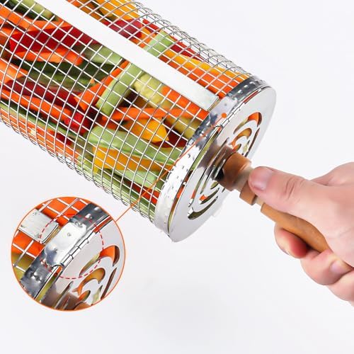 Rolling Grill Baskets (2PCS), Removable Wooden Handle, 304 Stainless Steel, Nesting Grilling Net, BBQ Accessories Tools for Vegetable Shrimp, Outdoor Cooking Camping, Birthday Gifts for Men/Dad/Husband (Mesh BBQ Cylinder Set (2 Pcs)) - Image 2
