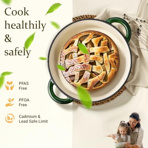 Overmont Enameled Cast Iron Dutch Oven - 4.5QT Pot with Lid Cookbook & Cotton Potholders - Heavy-Duty Cookware for Braising, Stews, Roasting, Bread Baking GlossyGreen - Image 2