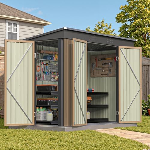 Patiowell 8x4 FT Storage Shed, Metal Tool Sheds with 3 Doors for Garden, Backyard, Patio, Utility, and Bike Storage, Brown - Image 7