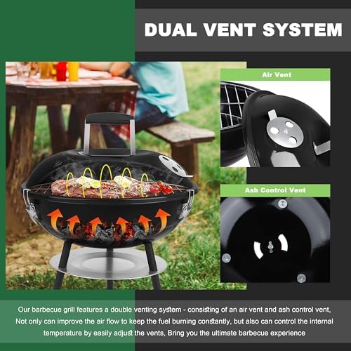 14 inch Charcoal Grill, Joyfair Small Portable Camping BBQ Kettle Grill - Image 3