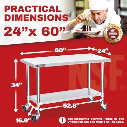DuraSteel 24x60 NSF Stainless Steel Cart Work Table - Heavy Duty Rolling Food Prep Table Countertop Island - Metal Utility Cart on Wheels Caster, Grill Stand Storage Outdoor Kitchen Tables Bar Top - Image 2