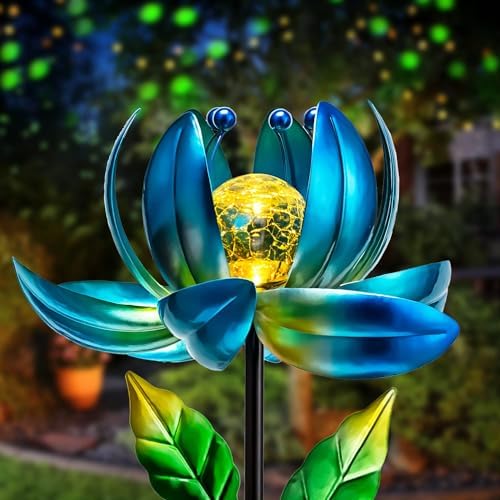 Solar Garden Lights Metal Flower Decor, Colorful Spinning Windmill Lotus Pathway Ligths with LED Cracked Crystal Ball Outdoor Decorative Stake Lighting Waterproof Flower Sculpture for Patio Yard by AIINY