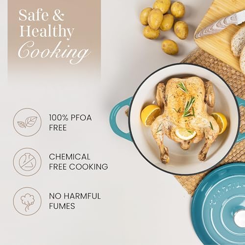 Cast Iron Dutch Oven with Lid - Non-Stick Ovenproof Enamelled Casserole Pot - Sturdy Dutch Oven Cookware - Teal, 5- Quart, 24cm- by Nuovva - Image 4