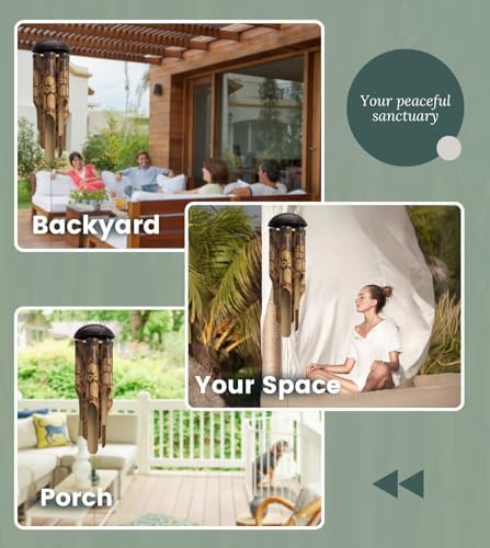 Nalulu Rustic Bamboo Wind Chimes - Outside Outdoor Wooden Windchimes, Medium, Floral Burned Design with Coconut Crown, Handcrafted with Calming Deep Tones, Home Decor Ideal Gift for Him & Her - Image 3