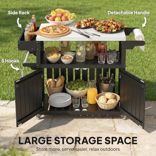 Outsunny Outdoor Bar Cart with Storage Cabinet Kitchen Island Black - Image 6