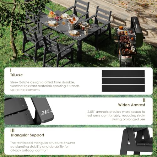 GREENVINES 7-piece Outdoor Dining Set, HDPE Table & 6 Armchairs, Black - Image 5