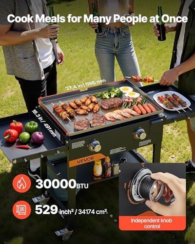 VEVOR Gas Griddle, 2-Burner Flat Top Grill, 28 inch Grill Plate Foldable Propane Griddle with Wheels, 30000 BTU Outdoor Flat Top Grills for Pan-Frying, Grilling, Stir-Frying, & BBQ, Pulse Ignition - Image 3