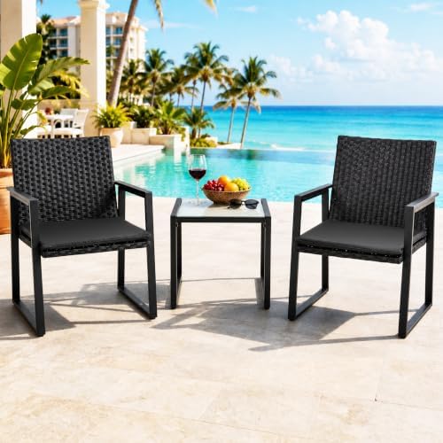 Shintenchi 3 Pieces Wicker Patio Bistro Sets, Rattan Patio Conversation Set with Coffee Table, Outdoor Wicker Furniture Set for Lawn, Garden, Balcony (Black) - Image 7