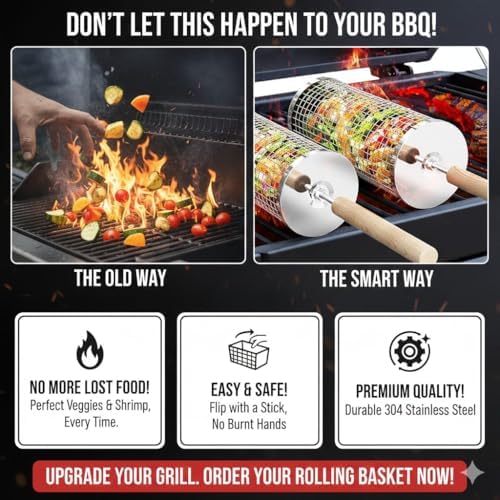 Rolling Grill Basket 2 Pack, Stainless Steel BBQ Gift for Men Dad Husband - Image 2