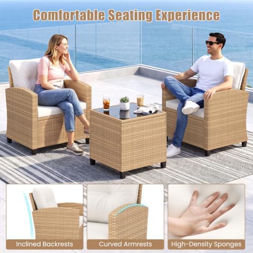 Tangkula 3 Pieces Patio Furniture Set, PE Rattan Wicker 3 Pcs Outdoor Sofa Set w/Washable Cushion and Tempered Glass Tabletop, Conversation Furniture for Garden Poolside Balcony (Light Brown -White) - Image 5