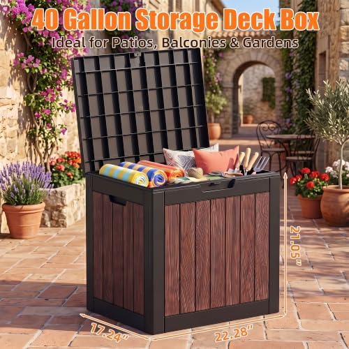 40 Gallon Outdoor Deck Box, Lockable Waterproof Resin Storage Container, Weatherproof Storage Box for Garden Tools, Patio Cushions & Outdoor Accessories (Walnut) - Image 2