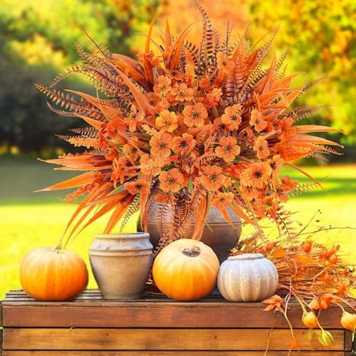 Faux Fall Flowers Outdoor, 16Pcs Artificial Fall Flowers UV Resistant Autumn Plastic Flowers Plants Fall Greenery Shrubs for Outside Porch Patio Garden House Thanksgiving Decor - Image 2