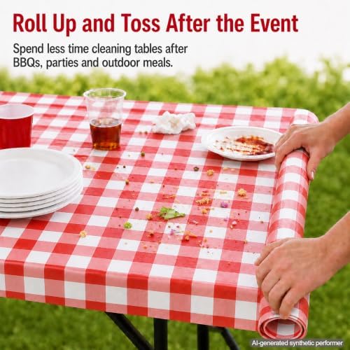 Red Gingham Disposable Picnic Tablecloths 4 Pack, Plastic Table Covers - Image 2