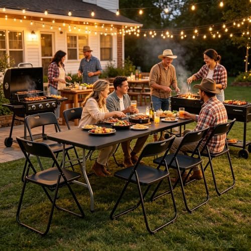 8 FT Folding Table Set with 6 Black Plastic Folding Chairs for 6 - Image 2