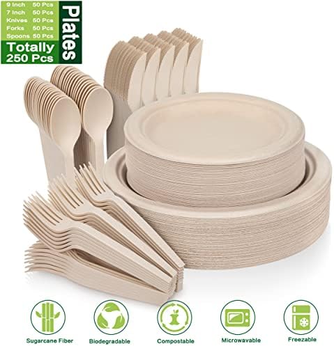 Unves 250 Pcs Compostable Paper Plates Set with Extra Long Utensils, Brown - Image 2