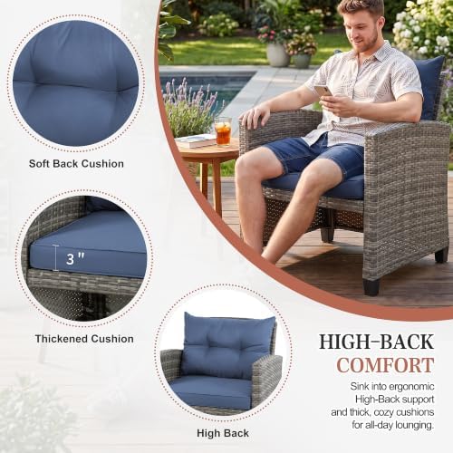 Vongrasig 5 Piece Patio Furniture Set, Small Balcony Furniture, PE Wicker Rattan Patio Chairs Set of 2, Outdoor Lounge Chairs with Cushions Ottomans &Glass Table for Porch Garden(Navy Blue) - Image 5