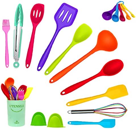 18-Piece Silicone Kitchen Utensils Set, Colorful Non-Toxic Cooking Tools, BPA Free Heat Resistant to 446°F, Safe for Non-Stick Cookware, Spoons Spatula Tongs Whisk Ladle, Dishwasher Safe by TIBLEN - Image 5
