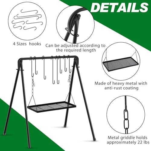 Rossesay Grill Swing Campfire Stand Campfire Cooking Equipment Adjustable Camping Accessories Cookware Hanging Rack with 8 Hooks and Portable Grill Stand for BBQ Picnic Outdoor Party - Image 3