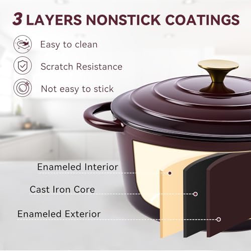 Miereirl 6 Quart Enameled Dutch Oven Pot with Lid, Cast Iron Dutch Oven with Dual Handles for Bread Baking, Cooking, Non-stick Enamel Coated Cookware, Fig - Image 6