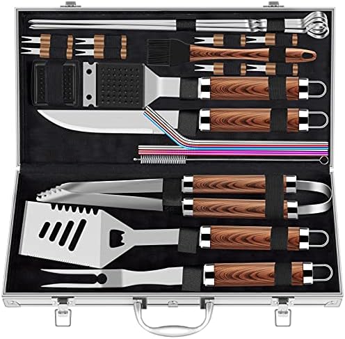 ROMANTICIST 25pcs Extra Thick BBQ Grill Accessories, Father's Day Grilling Gifts Set for Men Dad, Heavy Duty Grill Tools Utensils Kit with Spatula, Tongs in Aluminum Case for Birthday Brown by ROMANTICIST