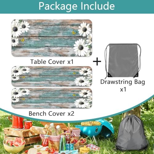 Daisy Flowers Picnic Table Cover with Bench Covers and Bag, Camping Essentials, Wooden Grain Waterproof Windproof, Fitted Tablecloth Cover with Elastic Edge, for Indoor & Outdoor, 3 PCS, 30x60 Inch - Image 6