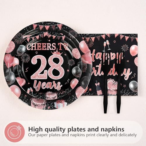 96Pcs Black Rose Gold 28th Birthday Decorations, Serves 24 - Image 2