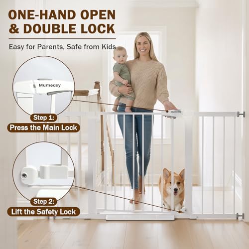 Mumeasy 29.7–51 Inch Extra Wide Baby Gate for Stairs, Extra Long Indoor Dog Gate for Doorways, Pressure Mounted Walk Thru Child Gate with Auto-Close, No-Drill Safety Pet Gate with Door for House,White - Image 4