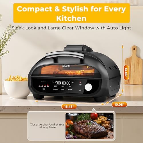 Candy Indoor Grill & Air Fryer with Ceramic Accessories, 500°F Max, 7-IN-1 Digital Display, 5.2 QT Electric Low Smoke with View Window, Smart Thermometer, Crisp, Roast & Dehydrate, Easy Clean, 1500W - Image 5