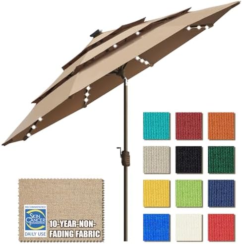 EliteShade USA 10-Year-Non-Fading 9ft 3-Tier Market Patio Umbrella, Commercial Table Umbrella with 80 Solar LED Lights, Crank Open, Windproof & UPF 50+ UV Protection for Garden, Deck, Pool, Backyard, Heather Beige by EliteShade