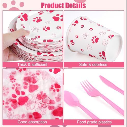 Kochorie 400 Pieces Pink Paw Disposable Party Tableware Sets Dog Puppy Supplies Including Plates Cups Napkins Cutlery Serves 50 for Birthday Puppy Theme Party Decorations - Image 3