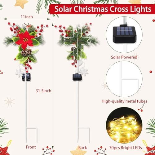 4 Pack Solar Christmas Decorations Outdoor, 32 Inch Solar Christmas Cross Stake Lights, Waterproof Grave Decorations with Poinsettia Flower Pinecones Red Berries for Garden Yard Patio Lawn Cemetery - Image 2