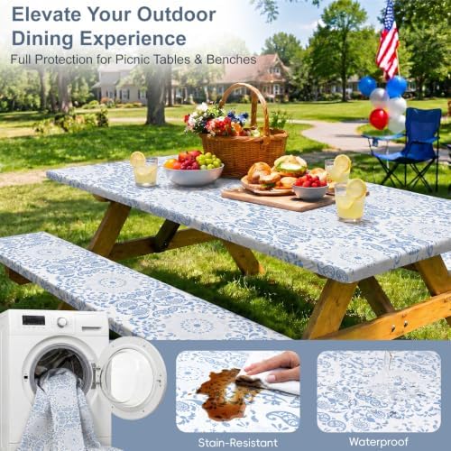 Picnic Table Cover with Bench Covers Portable Table Cloth Built-in Storage Pocket Picnic Table Covers With Elastic Waterproof Camping Essentials for RV Camping - Image 5