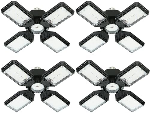4-Pack LED Garage Light,150W Deformable Garage Ceiling Lights,15000LM, 4 Adjustable Panels, E26/E27 Shop Lights for Basement, Barn, Workshop,High Bay Light by QiyuanLS