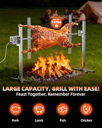 Rotisserie Grill Kit, 47" 132 lbs Capacity, Automatic 40W Motor Electric Height Adjustable Universal Roaster Stand, Stainless Steel Grilling Kit for BBQ Pig Rotisserie Hog Lamb Outdoor Party Campfire - Image 3